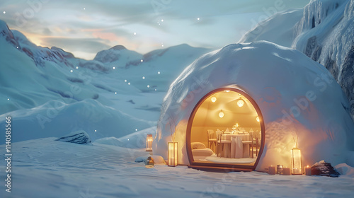 Vintage Lantern Lights Inside Igloo Tent on Snowy Night

 photo