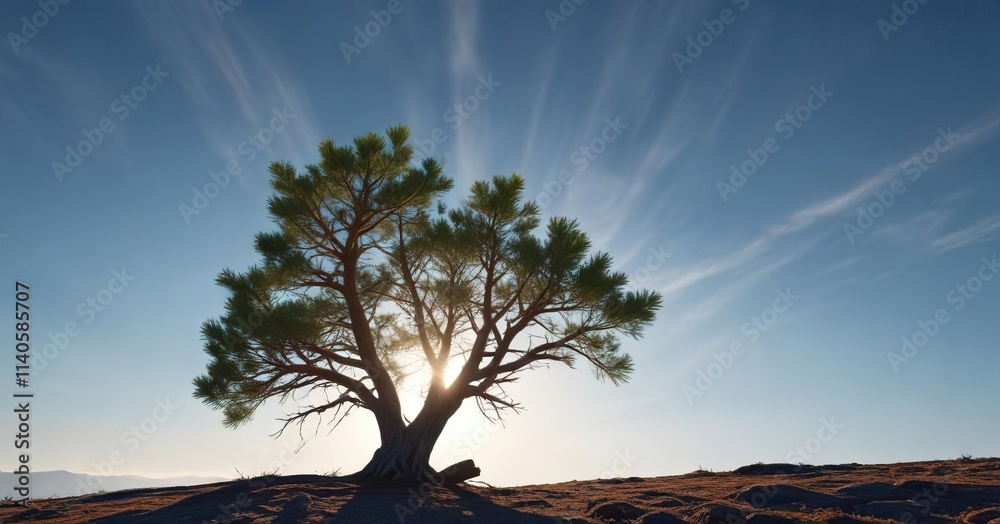 A solitary pine tree rises from the earth on a cloudless blue sky with a subtle sunbeam filtering through its branches, massive, landscape A solitary pine tree rises from the earth on a cloudless blue sky with a subtle sunbeam filtering through its branches, massive, landscape