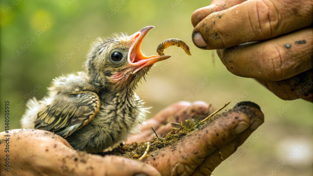 Fototapeta premium A small bird with fluffy plumage eagerly reaches for a worm offered by a human hand.Interaction takes place in a natural environment, both the hand and the bird show signs of the soil and nature. AI 