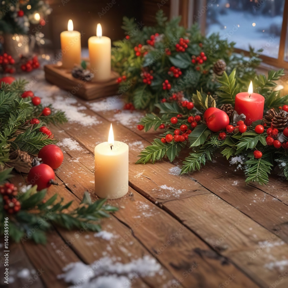 A wooden table with a snow-covered surface and Christmas decorations like holly, candles, and evergreen branches , festive, holly, candles A wooden table with a snow-covered surface and Christmas decorations like holly, candles, and evergreen branches , festive, holly, candles