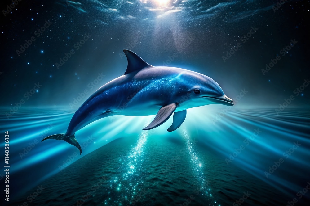 Fototapeta premium Night Ocean Dolphin: Is a Dolphin a Fish? Marine Mammal vs. Fish, Night Photography, Underwater Wildlife