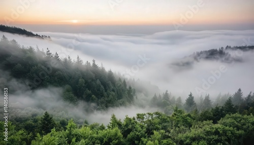 Fog in nature, cities and villages with misty forest landscape