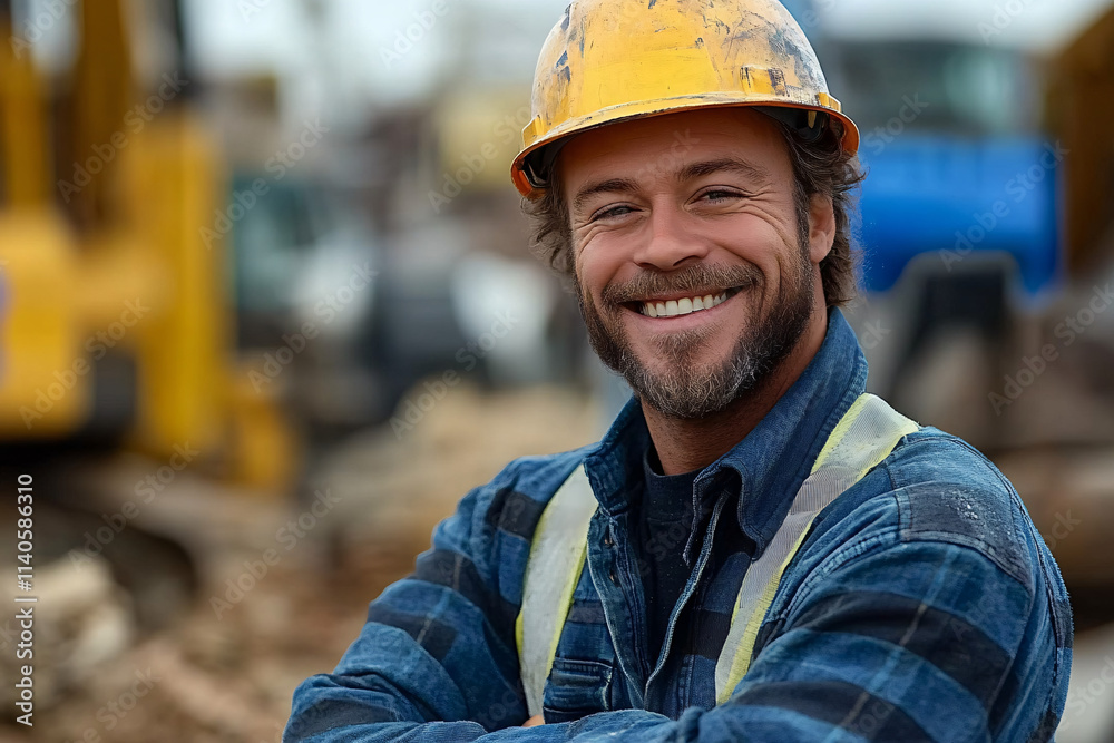 Construction worker with a bright smile, wearing a yellow hard hat and safety vest, standing confidently at a construction site with heavy machinery and equipment in the blurred background Construction worker with a bright smile, wearing a yellow hard hat and safety vest, standing confidently at a construction site with heavy machinery and equipment in the blurred background