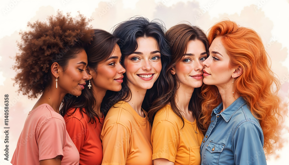 Obraz premium Diverse group of smiling women with different hairstyles and outfits showcasing unity and friendship 