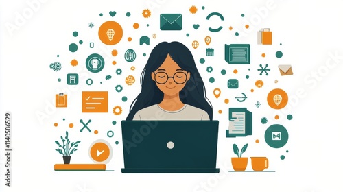 Woman working on laptop in a creative and organized workspace with digital icons