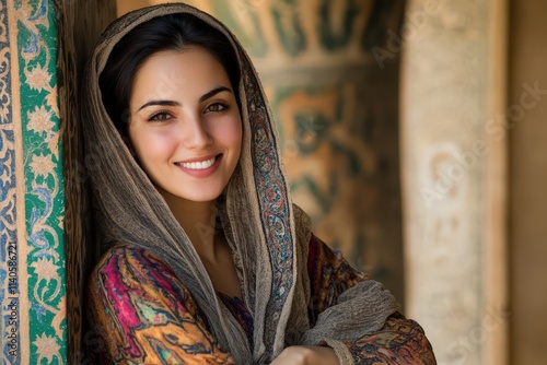 Persian Woman Portrait. Beautiful Young Lady from Middle Eastern Culture Smiling with Arms Crossed