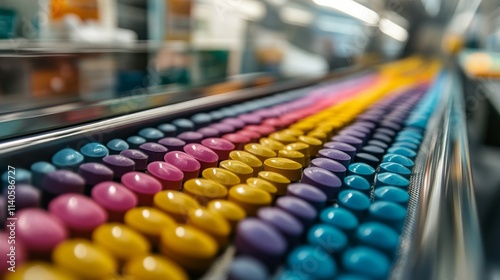 Colorful candies lined up on a conveyor belt in a manufacturing facility
