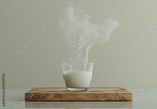 A Choicely Elegant Glass of Milk with Wisps of Steam Rising on a Light Wooden Cutting Board in a Soft Minimalist Setting photo