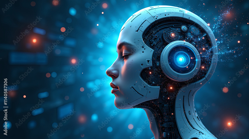 Futuristic AI Robot with Creative Abstract Background Technology Design Futuristic AI Robot with Creative Abstract Background Technology Design