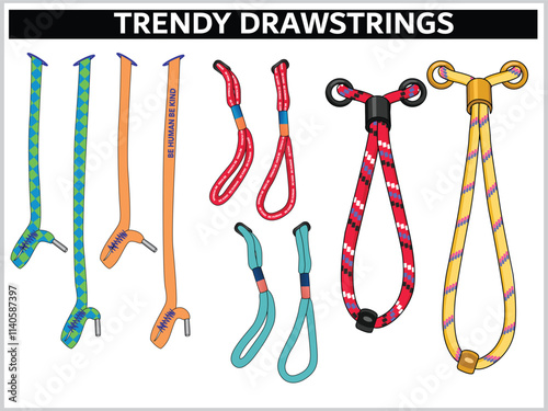 SET OF TRENDY DRAWSTRINGS FOR WAIST BAND, BAGS, SHOES, JACKETS, SHORTS, PANTS, DRESS GARMENTS, DRAWCORD AGLETS FOR CLOTHING AND ACCESSORIES VECTOR ILLUSTRATION