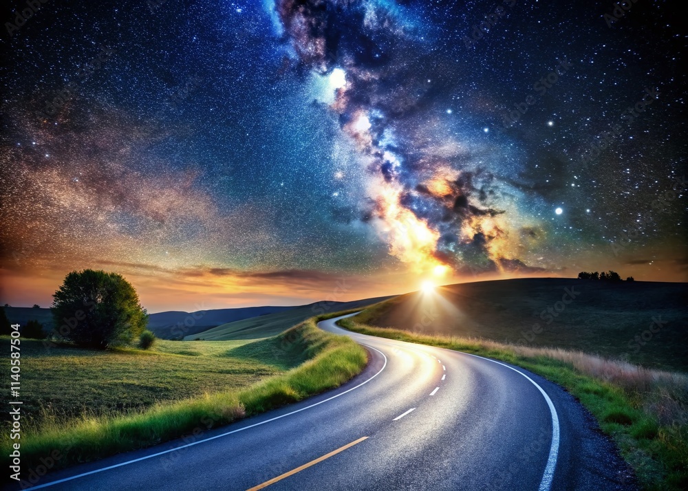 Naklejka premium Night Photography Countryside Roads: Dark Rural Asphalt, Starry Sky, Winding Lanes
