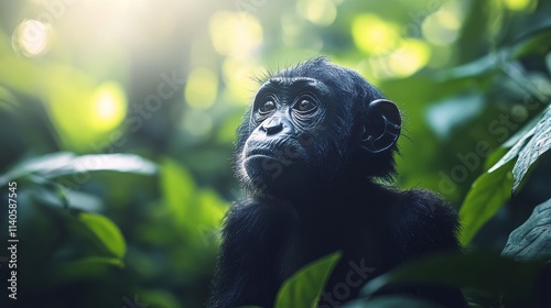 Young chimpanzee gliding through tropical forest with vivid background and br...