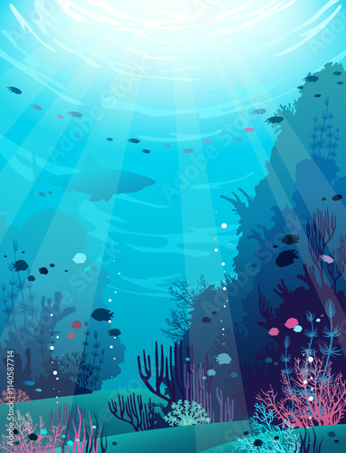 Vector illustration with underwater nature. Seascape with colorful coral reef, shark and school of fish on a blue ocean background. Flora and fauna of the sea.