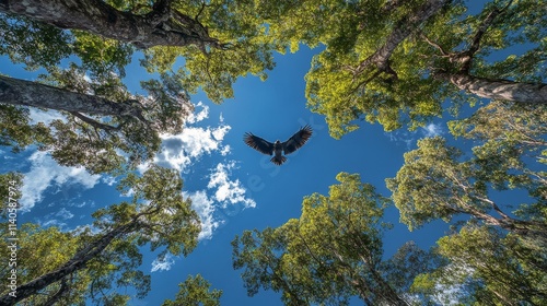Young chimpanzee gliding through tropical forest with vivid background and br...
