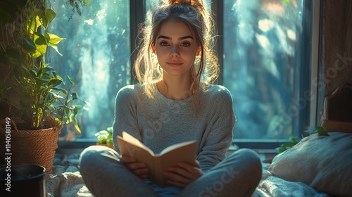 Young woman enjoying coffee and reading a book by a window on a rainy afternoon