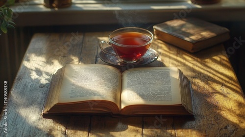 Warm cup of tea beside an open book on a rustic table in the afternoon sunlight