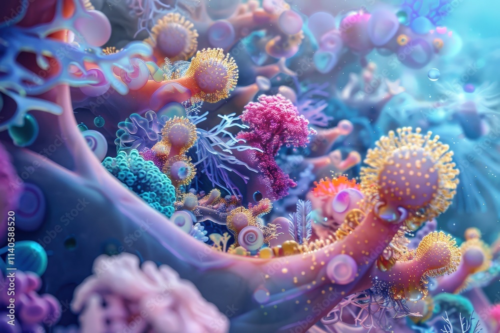 Fototapeta premium Colorful microscopic view of diverse microorganisms interacting in a vibrant underwater environment captured during daylight
