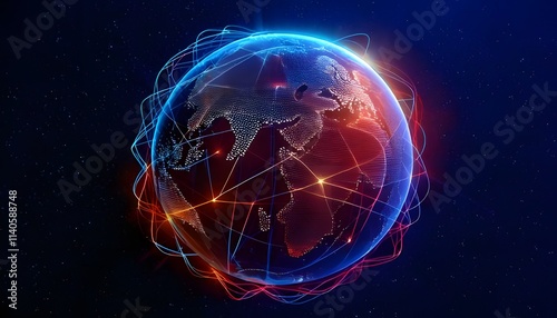 night earth global virtual internet world connection of metaverse technology network digital communication and worldwide networking on connect 3d background, earth globe with space, Generative AI