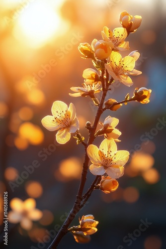 Golden sunlight streams through dew covered flowers in a tranquil forest setting
