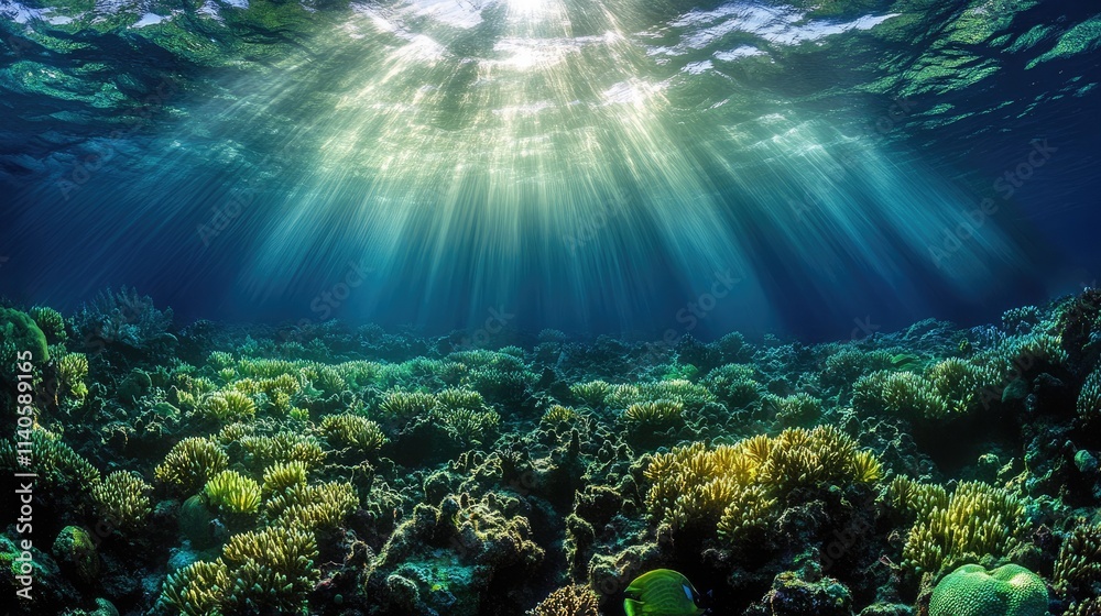 Captivating 3D Underwater Scene with Coral Gardens, Fish Schools, and Sunlight Beams