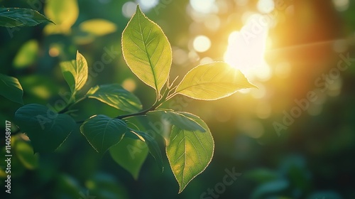 Bright green leaves illuminated by sunlight in a serene natural setting durin...