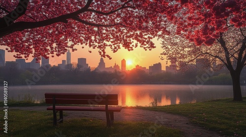Beautiful sunset over the city skyline with cherry blossoms blooming by the w...