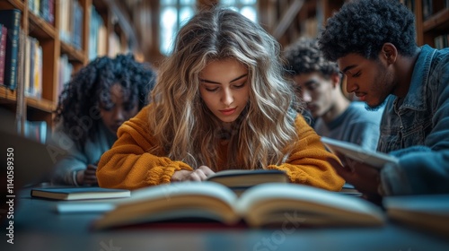 Group of students engaged in focused study in a cozy library setting during a...