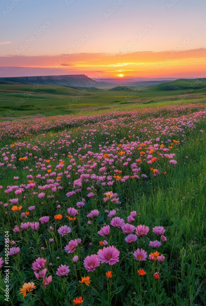 Beautiful Sunrise Over Vibrant Wildflower Field in Rolling Hills, Showcasing Colorful Blossoms Under a Clear Sky with Soft Sunlight Illuminating the Scene Beautiful Sunrise Over Vibrant Wildflower Field in Rolling Hills, Showcasing Colorful Blossoms Under a Clear Sky with Soft Sunlight Illuminating the Scene