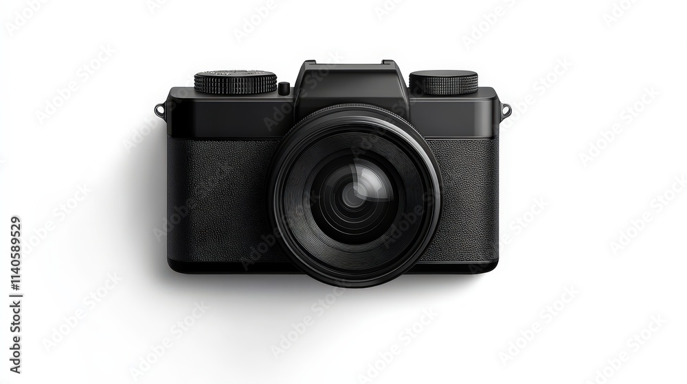 Classic black camera on white background highlighting photography essentials Classic black camera on white background highlighting photography essentials
