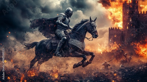 Medieval knight riding horse during castle siege