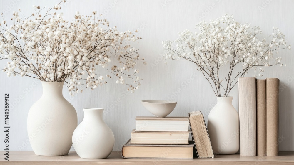 Fototapeta premium a shelf with vases and books on it