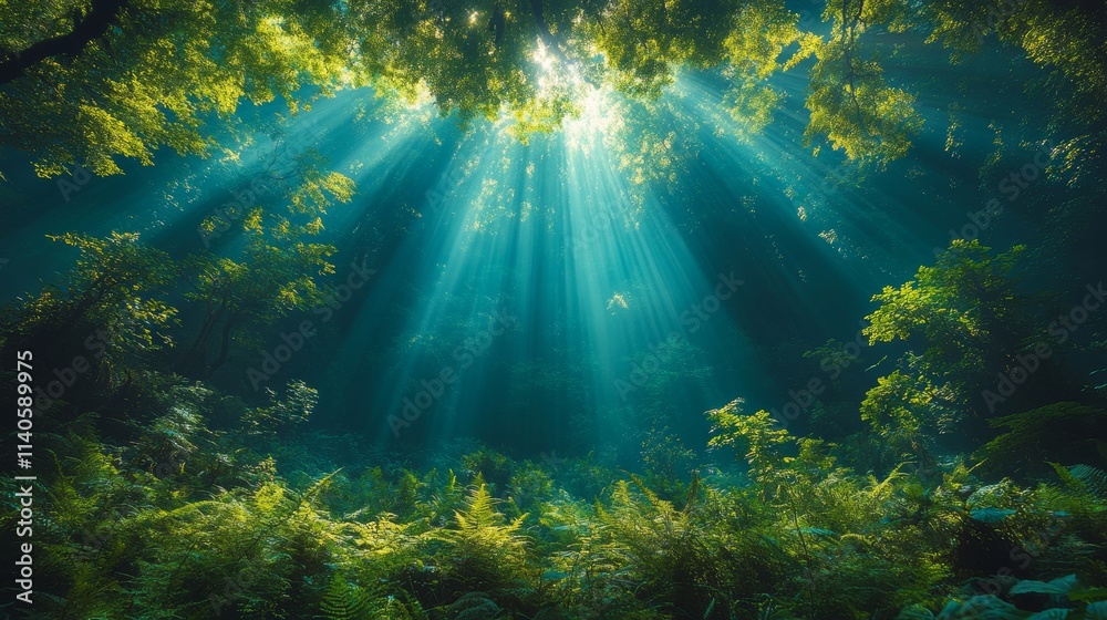 Fototapeta premium Sunbeams filtering through trees illuminating underwater forest plants