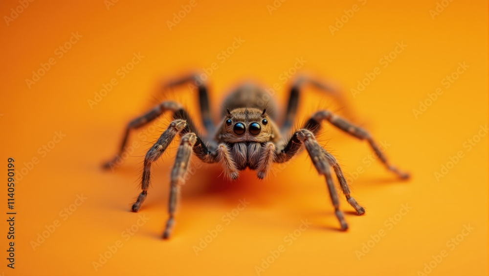Jumping spider standing on orange background showing its fangs Jumping spider standing on orange background showing its fangs