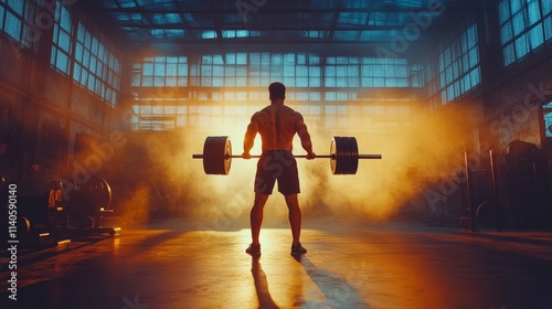 Weightlifting in an industrial gym at sunset with dramatic lighting and atmos...