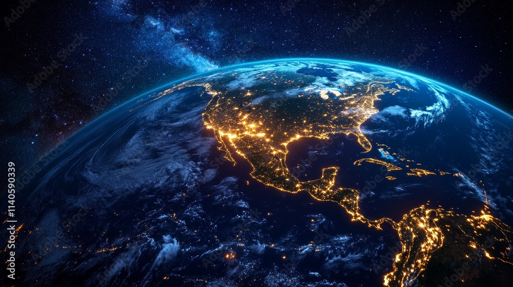 Obraz premium Planet earth rotating showing north and central america at night from space