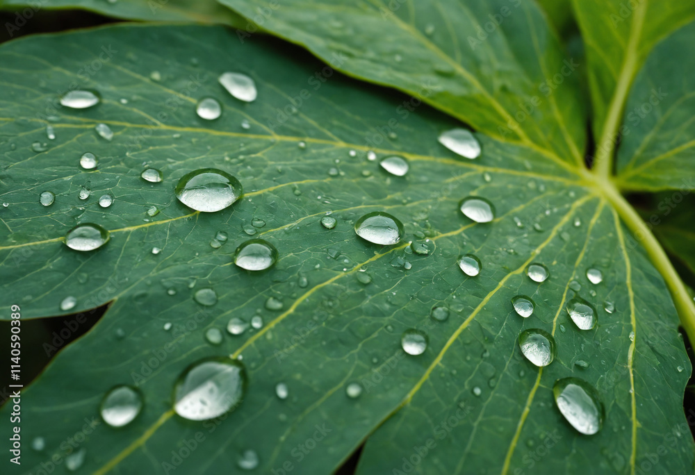Crystal Clear Water Droplets on Vibrant Green Leaf Surface Crystal Clear Water Droplets on Vibrant Green Leaf Surface