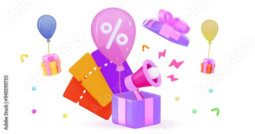 Purple gift surrounded by discount coupons and balloons Christmas and exclusive benefits concept