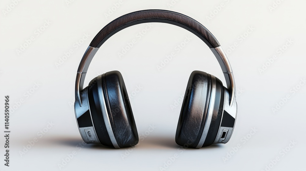 Sleek modern headphones with metallic and leather finish against neutral background Sleek modern headphones with metallic and leather finish against neutral background
