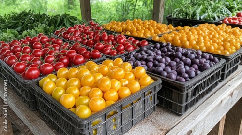 Colorful display of fresh tomatoes and berries at a farmers market in summer