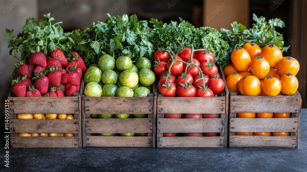 Colorful display of fresh tomatoes and berries at a farmers market in summer Colorful display of fresh tomatoes and berries at a farmers market in summer