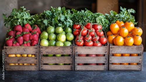 Colorful display of fresh tomatoes and berries at a farmers market in summer