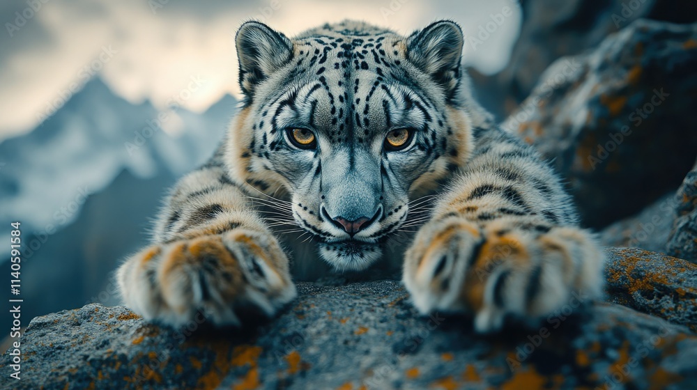 Obraz premium Majestic snow leopard crouching on rocky terrain with mountains in the background during twilight hours