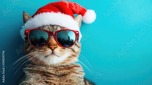 Cool cat in a Santa hat and sunglasses, ready for the holidays! This tabby's festive look is purrfect for Christmas cards.