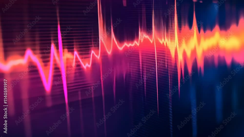 This display reveals sound waves in vivid hues, showcasing the fluctuations and rhythms