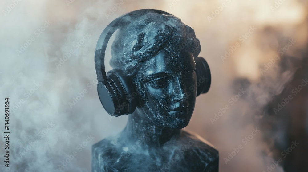 a statue wearing headphones