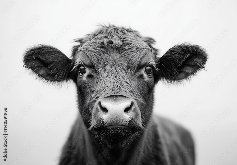 Close-Up Portrait of a Young Cow in Black and White Capturing Expression and Character of Livestock on a Farm in Natural Surroundings Close-Up Portrait of a Young Cow in Black and White Capturing Expression and Character of Livestock on a Farm in Natural Surroundings