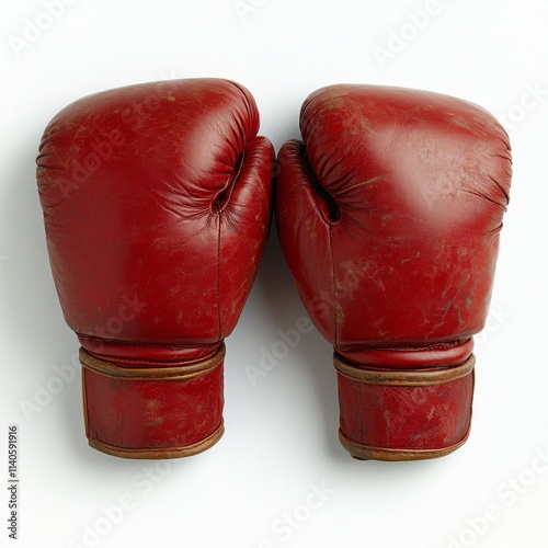 Red boxing gloves positioned together on a plain background for training purp...