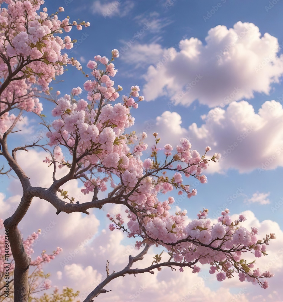 delicate flowers on the branches of a tree against a soft pastel-colored sky with puffy white clouds , clouds, branch, blossoms delicate flowers on the branches of a tree against a soft pastel-colored sky with puffy white clouds , clouds, branch, blossoms
