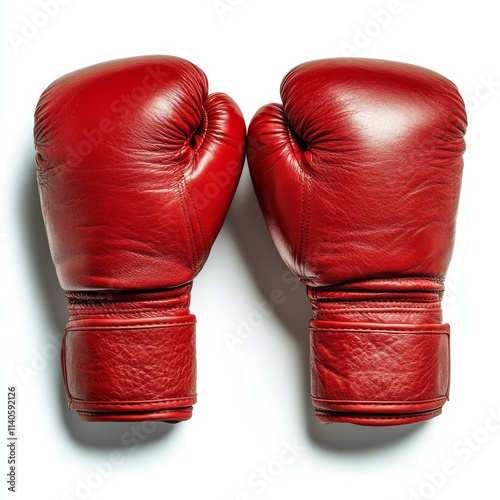 Red boxing gloves positioned together on a plain background for training purp...