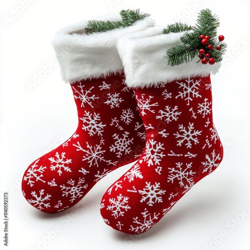 Red Christmas stockings with white fur trim, ready for holiday celebrations i...